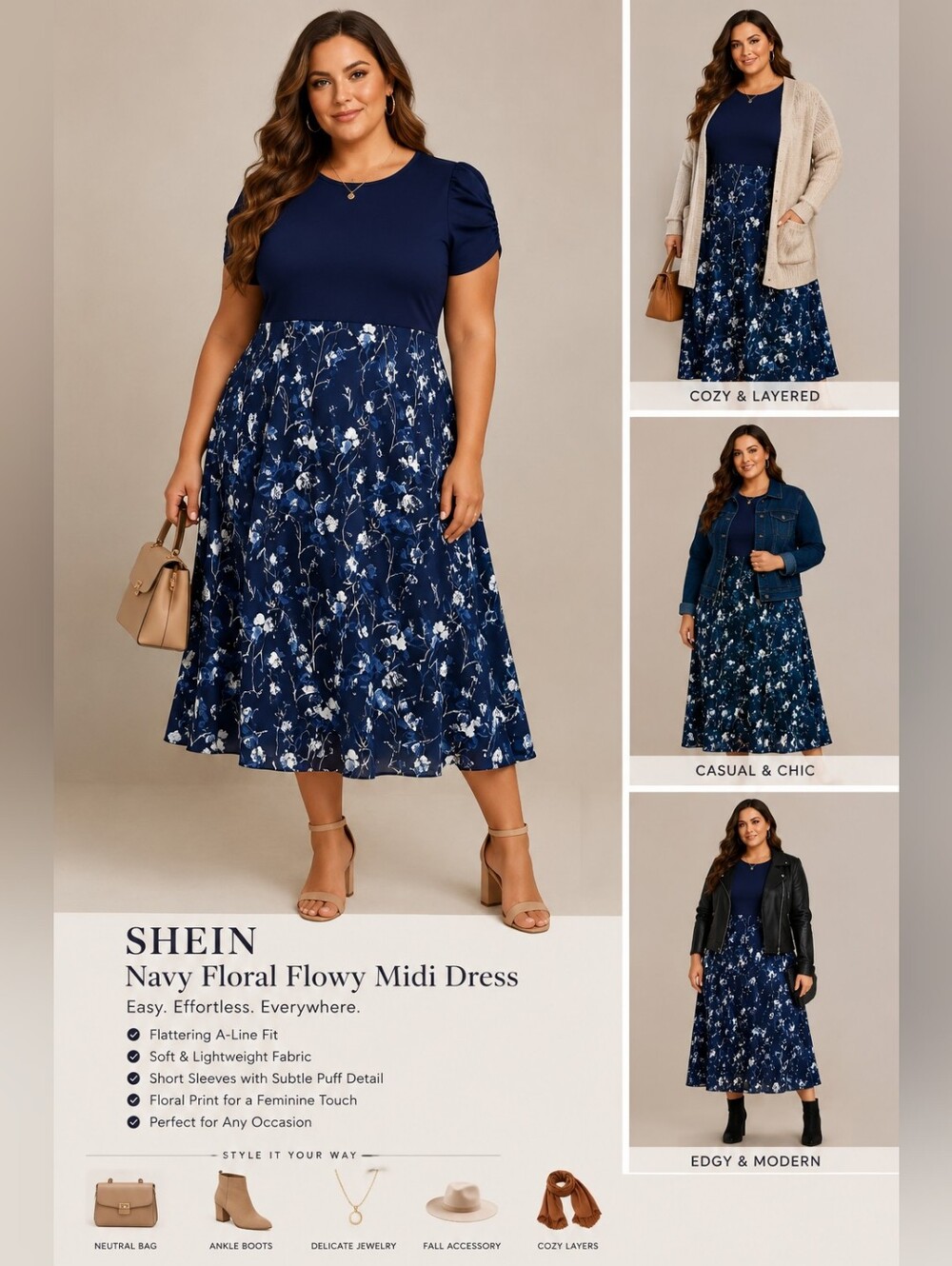SHEIN Navy Blue Floral Maxi Dress XXL Puff‎ Sleeve A-Line Cottagecore Boho Flowy